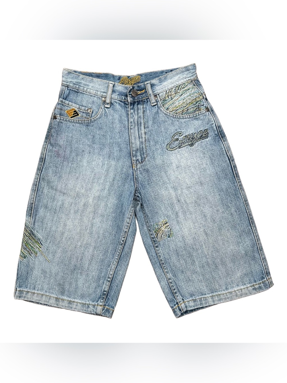 VINTAGE 2000s Enyce Boys’ Graphic Embroidered Blue Denim Jean Shorts Size 10
